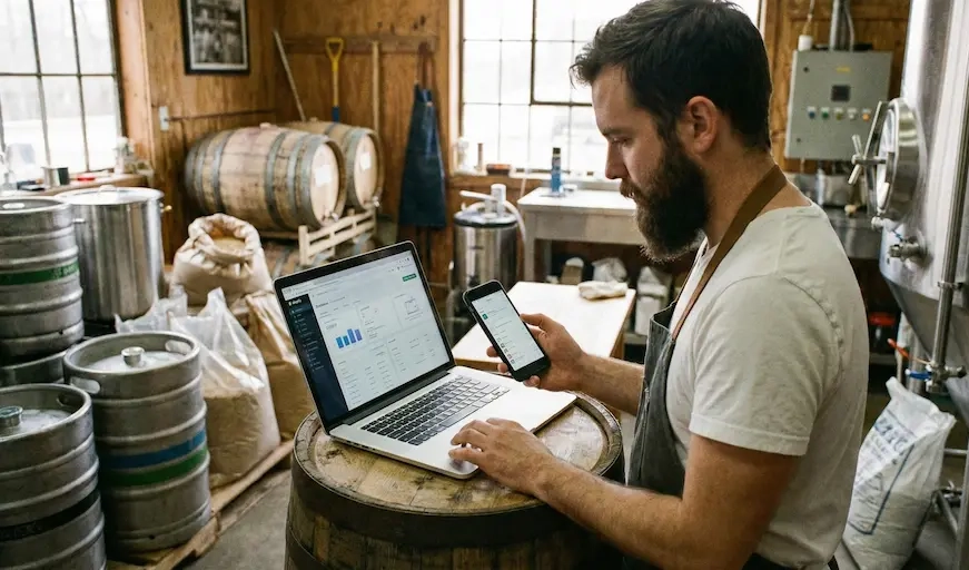 Dueño de una pequeña empresa trabajando en su computador portátil y celular, usando herramientas digitales para gestionar su negocio