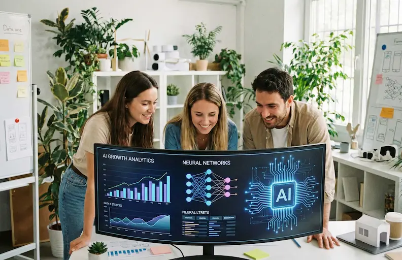 Pequeño equipo de emprendedores en una oficina colaborativa, mirando una pantalla con gráficos y elementos de IA