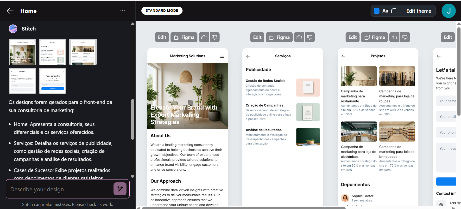 Interfaz de una landing page generada automáticamente con Stitch en una laptop