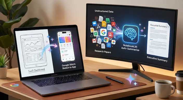 Interfaz de una landing page generada automáticamente con Stitch en una laptop